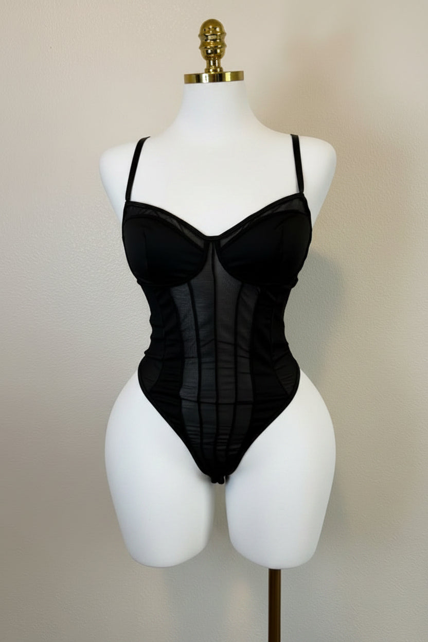 Bodysuit Corset Mesh Bustier with Underwire and Thin Straps