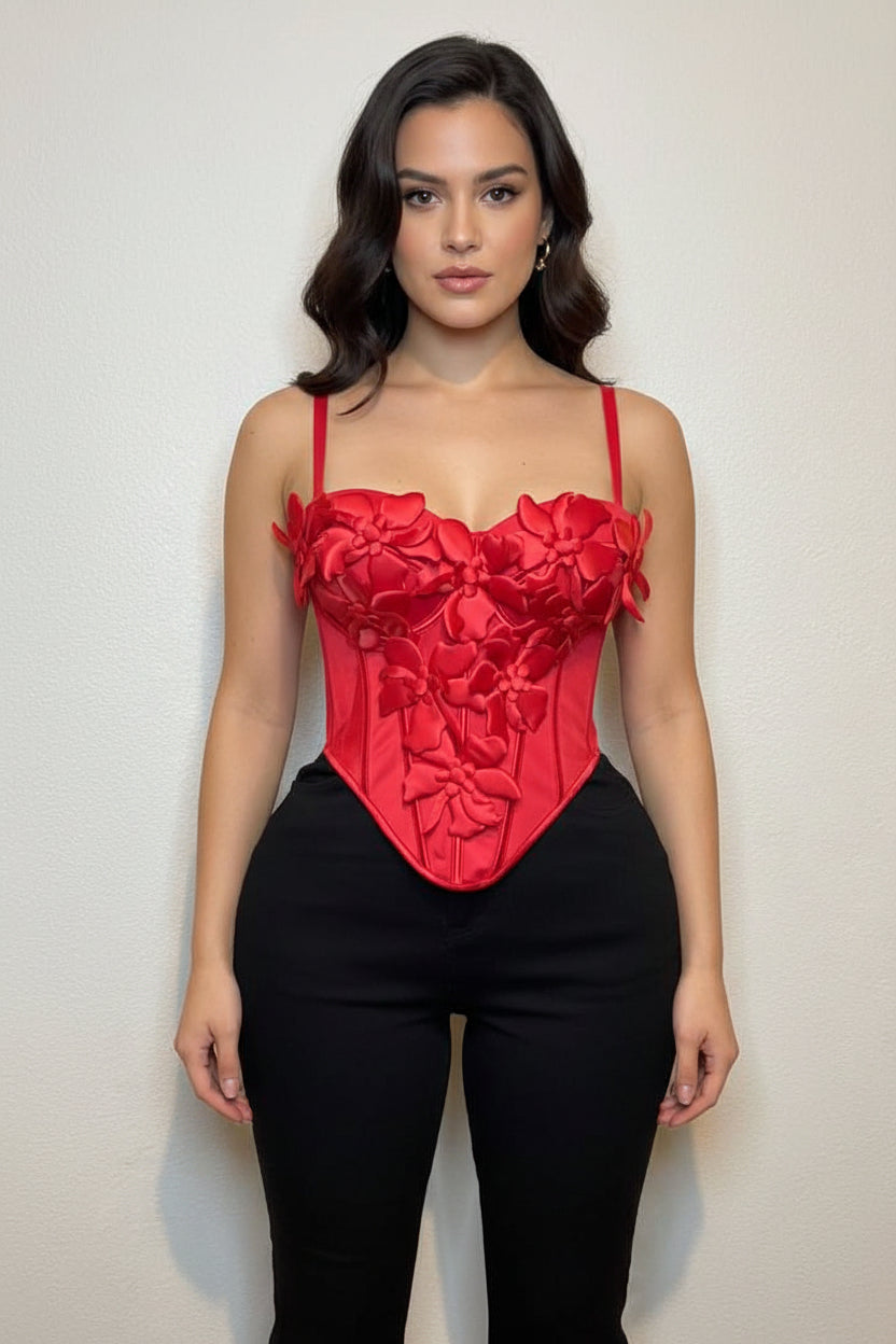 Women's Floral Red Corset Tank Top, Women's Underwear Tops for Daily Wear