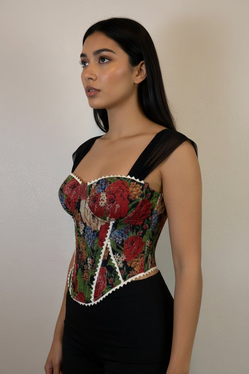 Corsé Floral Bordado con Tirantes de Tul Negro