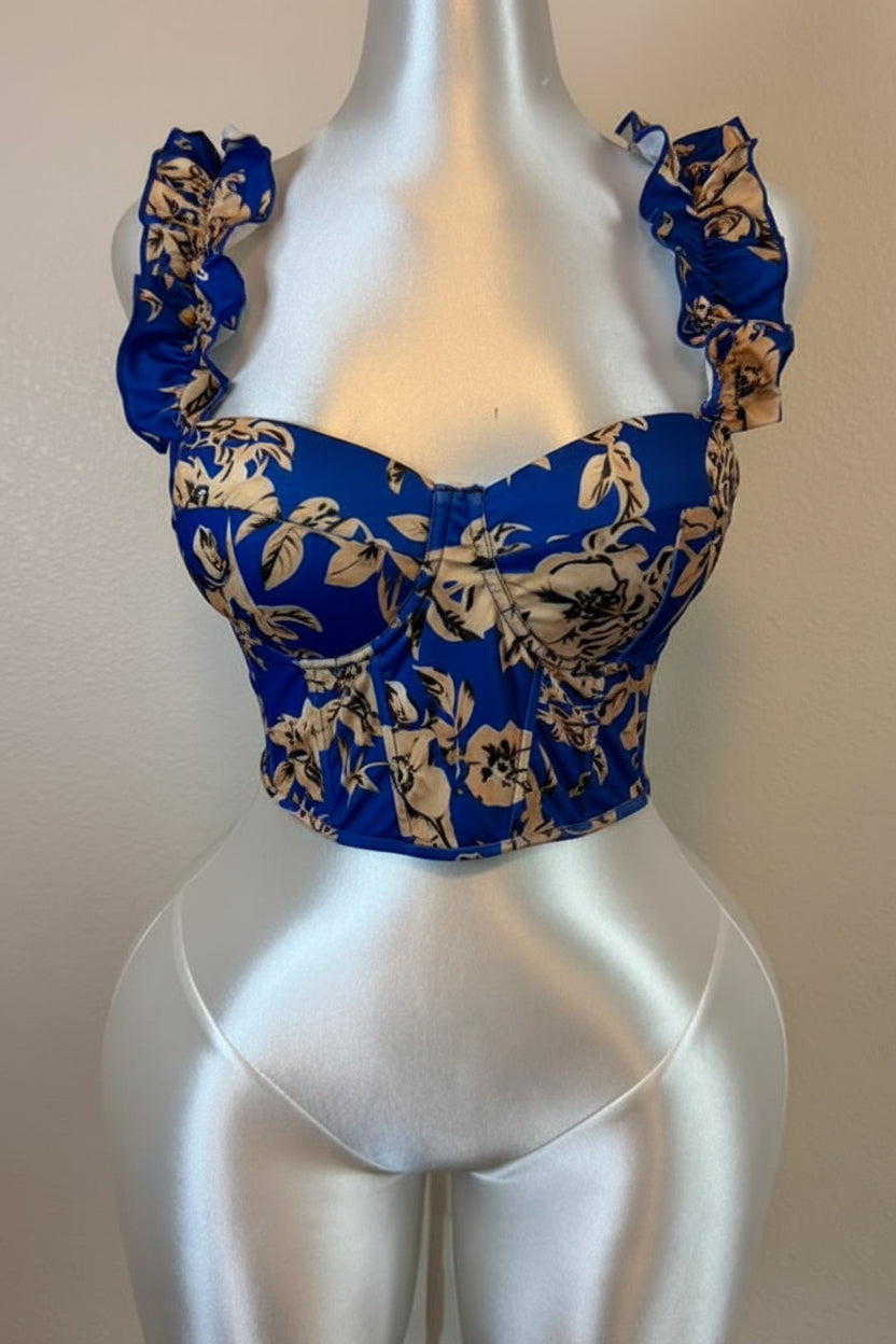 Top Azul Royal Floral con Volantes