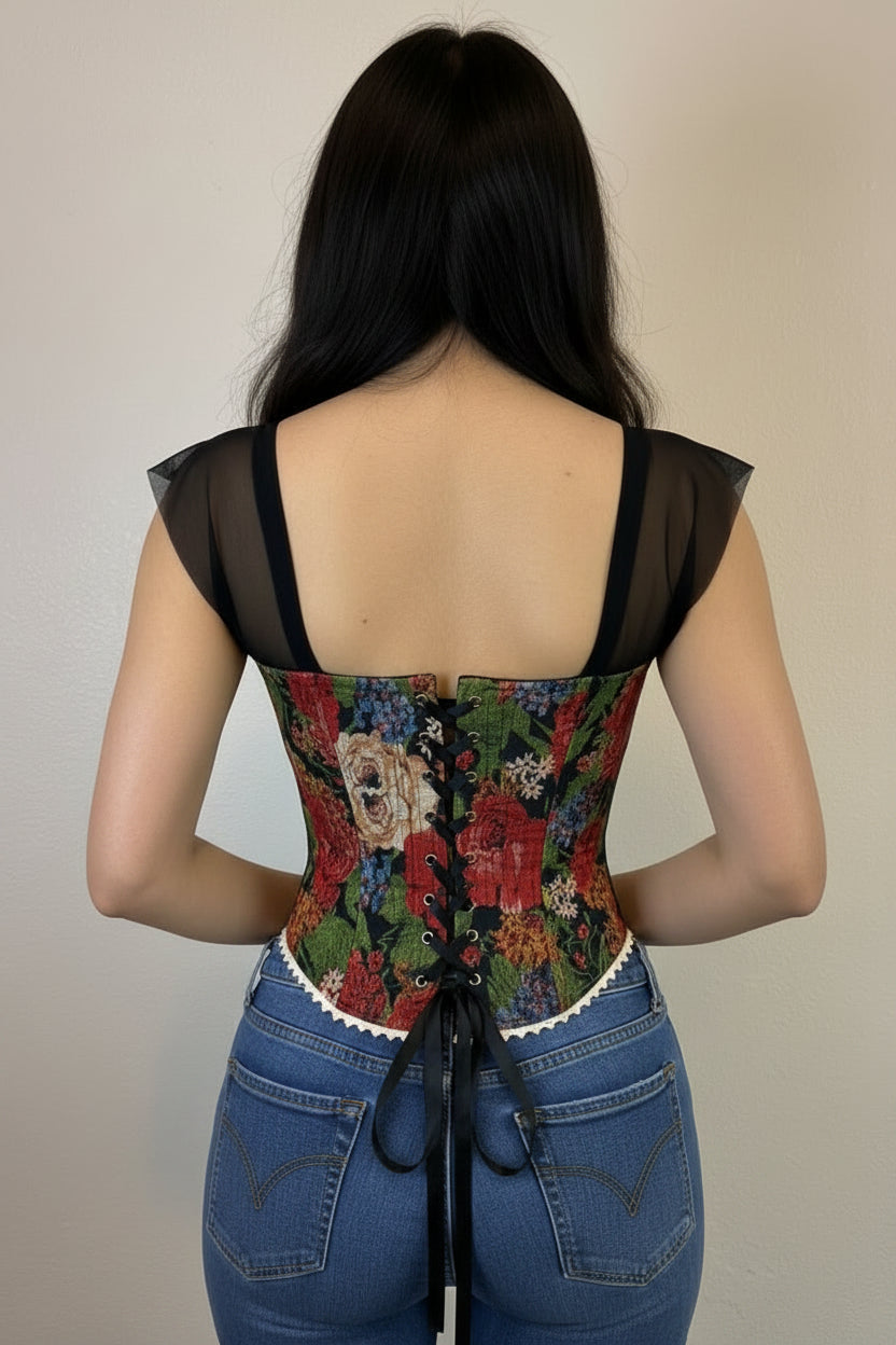 Corsé Floral Bordado con Tirantes de Tul Negro