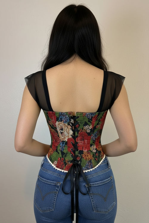Corsé Floral Bordado con Tirantes de Tul Negro